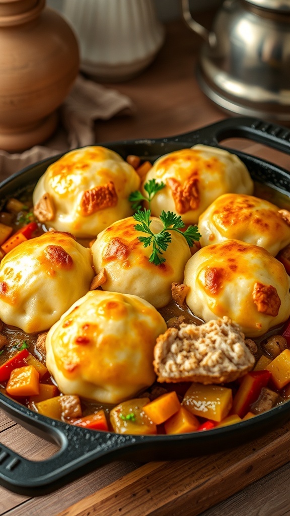 One pan chicken and vegetable dumpling bake in a cast iron skillet, garnished with parsley.